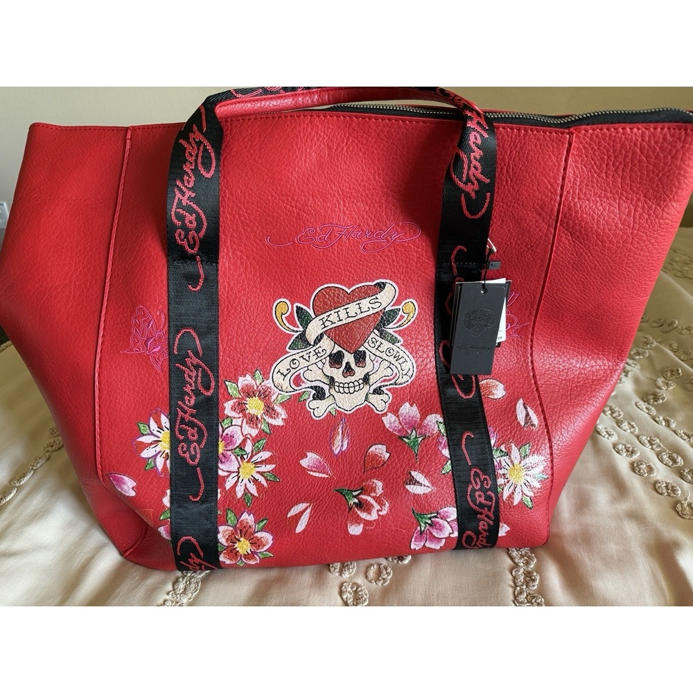 Ed Hardy Large Red Weekender Duffel Travel Tote Bag Skull Floral NWT Cherry Y2K